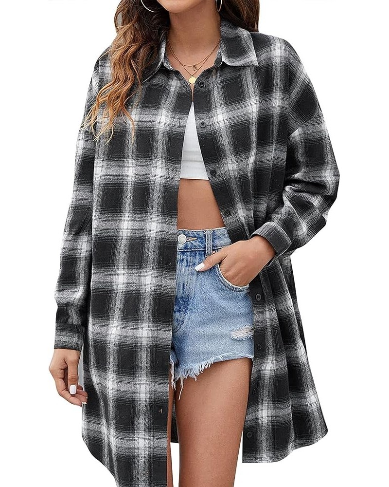 Long Flannel Shirts for Women Button Down Plaid Shirts Dresses Pocketed Black White $12.88 Blouses