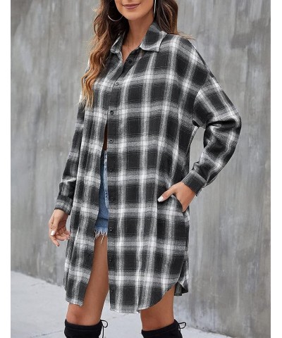 Long Flannel Shirts for Women Button Down Plaid Shirts Dresses Pocketed Black White $12.88 Blouses