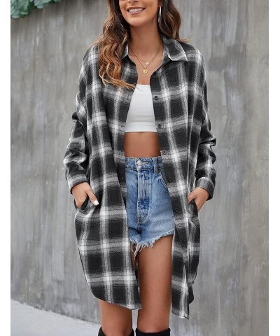 Long Flannel Shirts for Women Button Down Plaid Shirts Dresses Pocketed Black White $12.88 Blouses