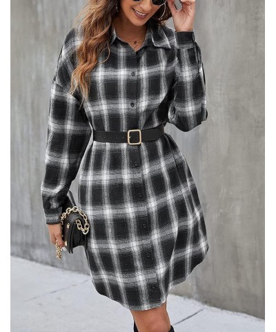 Long Flannel Shirts for Women Button Down Plaid Shirts Dresses Pocketed Black White $12.88 Blouses