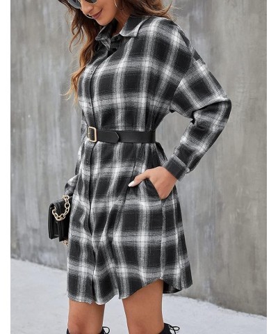 Long Flannel Shirts for Women Button Down Plaid Shirts Dresses Pocketed Black White $12.88 Blouses