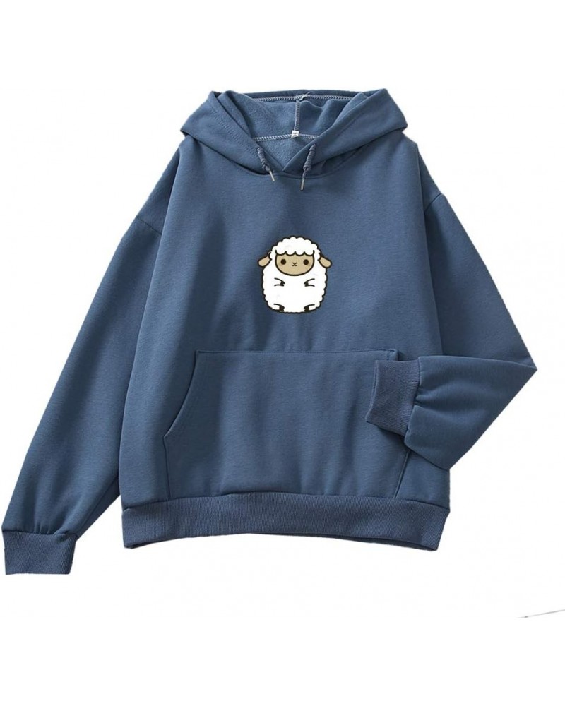 Women's Casual Hoodie Cute Sheep Pattern Long Sleeve Cotton Sweatshirt Pullover Deep Blue $15.61 Hoodies & Sweatshirts