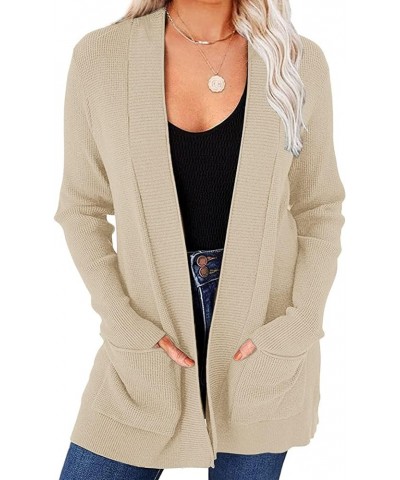 Women's 2024 Fall Open Front Waffle Knit Cardigan Long Sleeve Cozy Knit Sweaters with Pockets Apricot $17.15 Sweaters