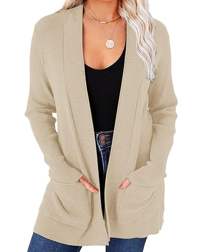 Women's 2024 Fall Open Front Waffle Knit Cardigan Long Sleeve Cozy Knit Sweaters with Pockets Apricot $17.15 Sweaters