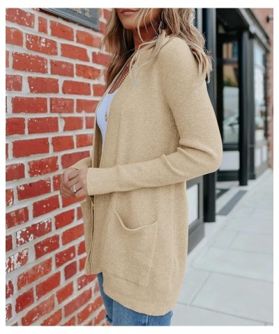 Women's 2024 Fall Open Front Waffle Knit Cardigan Long Sleeve Cozy Knit Sweaters with Pockets Apricot $17.15 Sweaters