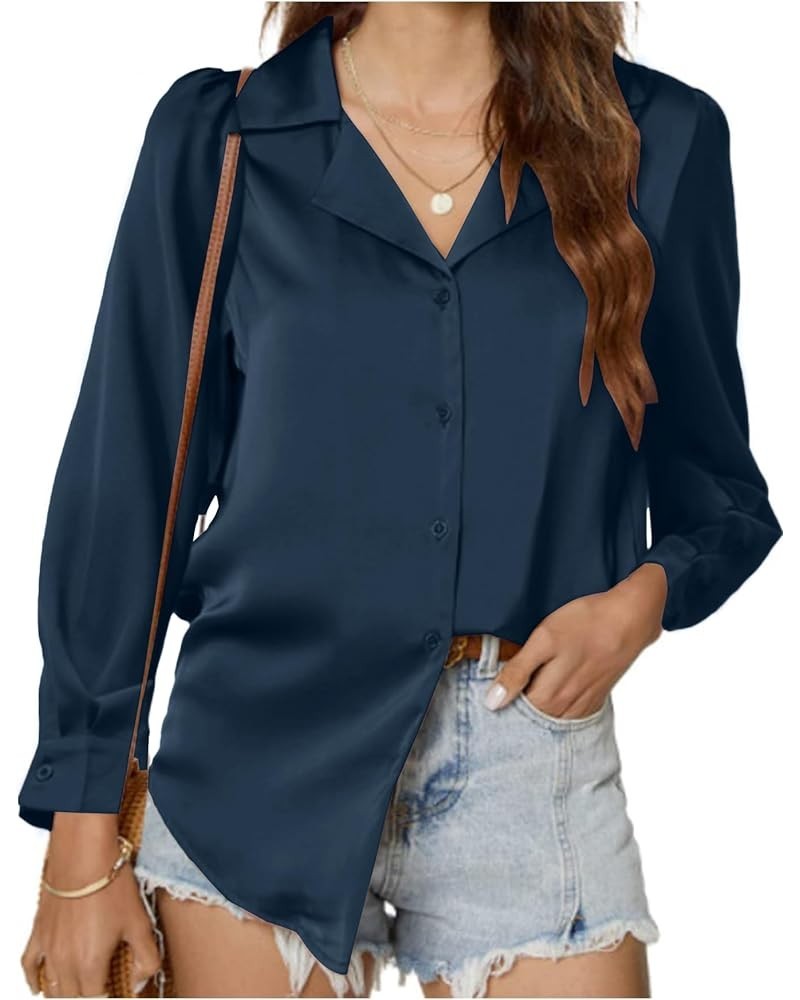 Women's Satin V Neck Long Sleeve Button Down Elegant Work Blouse Shirt Navy Blue $16.00 Blouses
