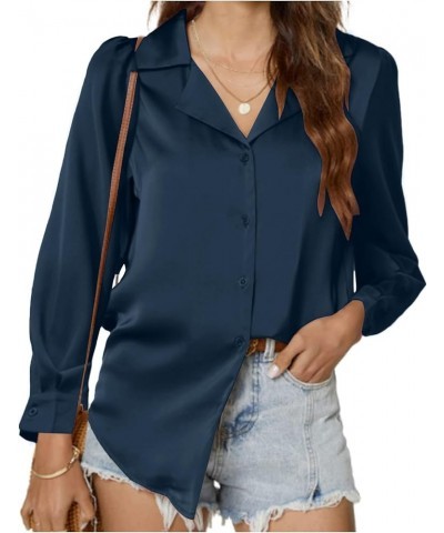 Women's Satin V Neck Long Sleeve Button Down Elegant Work Blouse Shirt Navy Blue $16.00 Blouses