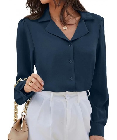 Women's Satin V Neck Long Sleeve Button Down Elegant Work Blouse Shirt Navy Blue $16.00 Blouses