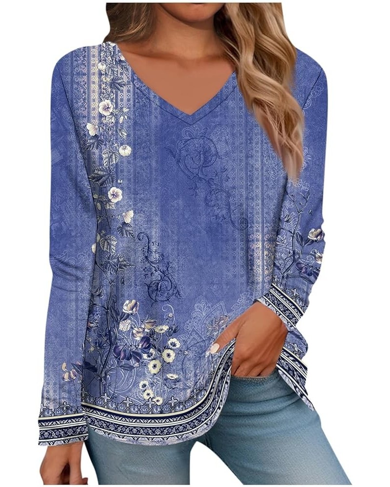 Womens Tops Long Sleeve Shirts V Neck S-3X Fall Fashion 2023 Trendy Tunic Fashion Blouses Western Clothes S48-blue $10.59 Tops