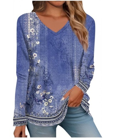 Womens Tops Long Sleeve Shirts V Neck S-3X Fall Fashion 2023 Trendy Tunic Fashion Blouses Western Clothes S48-blue $10.59 Tops