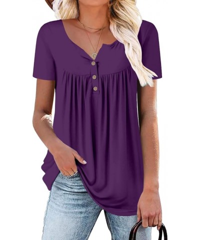 Womens Henley V Neck Casual Blouse Button Down T Shirts Flare and Flowy Tops 6-purple $12.74 Tops