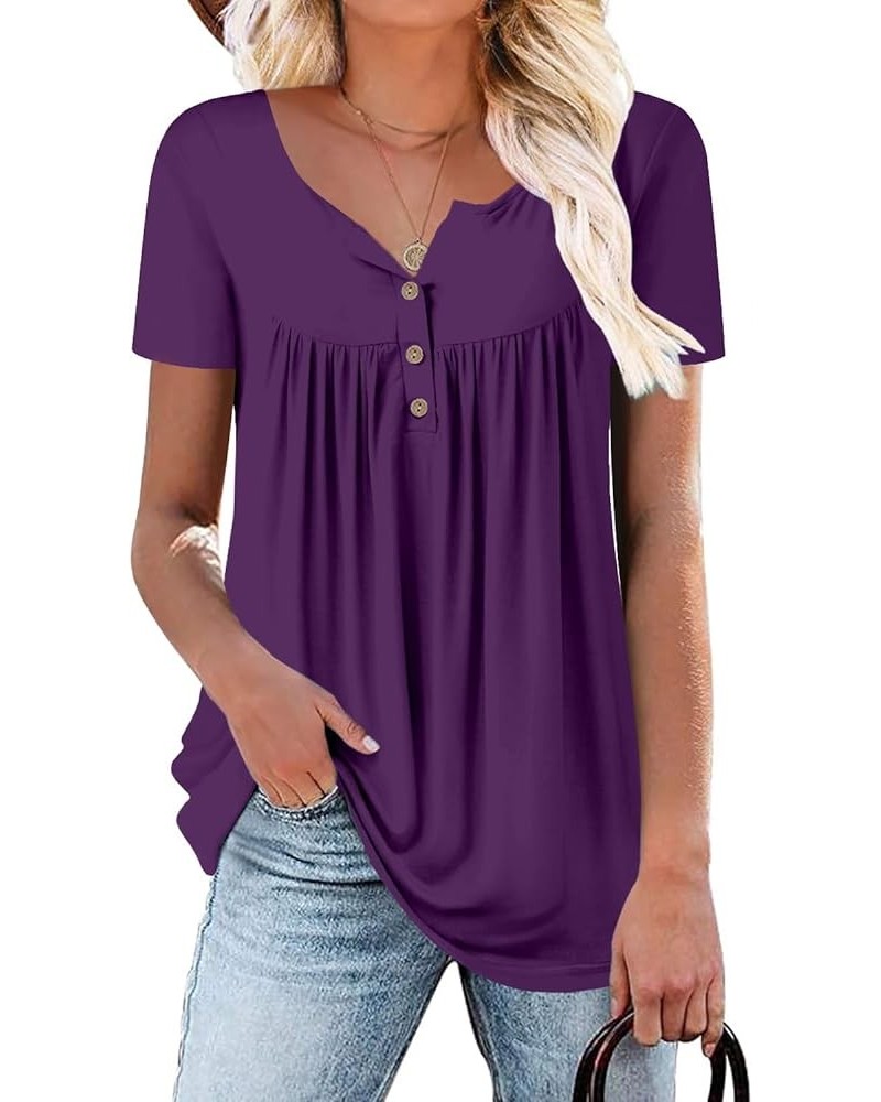 Womens Henley V Neck Casual Blouse Button Down T Shirts Flare and Flowy Tops 6-purple $12.74 Tops