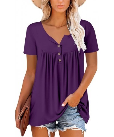 Womens Henley V Neck Casual Blouse Button Down T Shirts Flare and Flowy Tops 6-purple $12.74 Tops