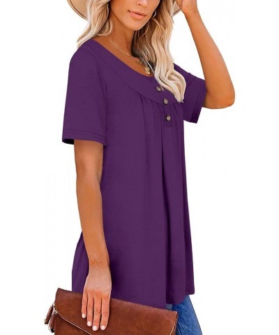 Womens Henley V Neck Casual Blouse Button Down T Shirts Flare and Flowy Tops 6-purple $12.74 Tops