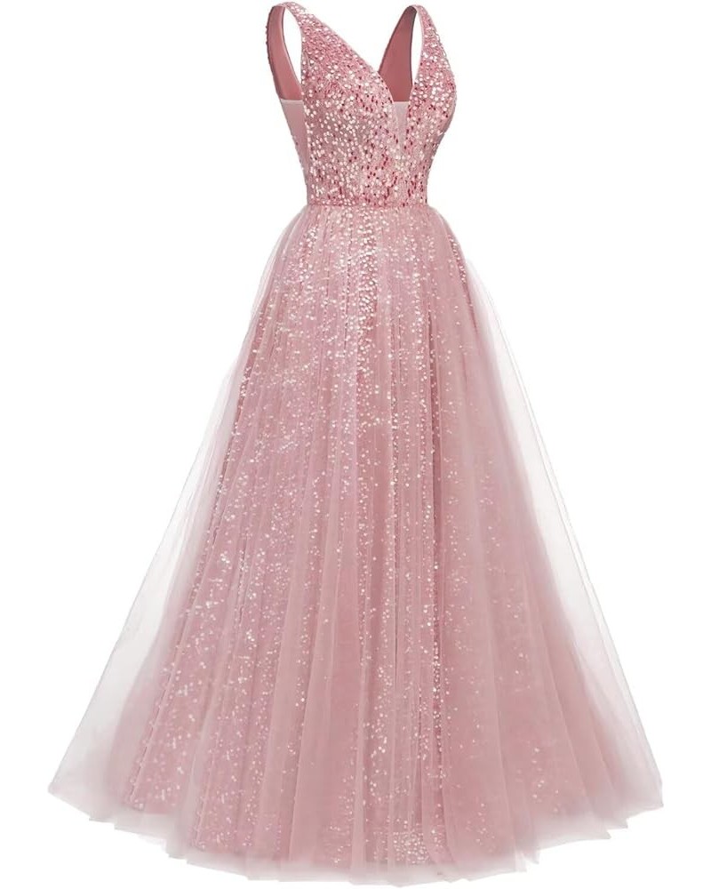 Prom Dresses Long 2024 New Sparkly Sequin Tulle A Line V Neck Formal Evening Dress,R177 Dusty Rose $35.52 Dresses