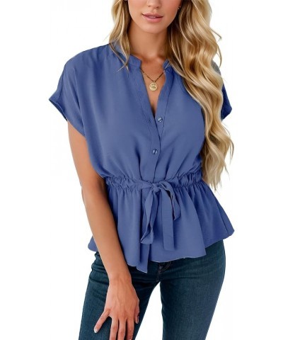 Women's Button Down Peplum V Neck Tops Casual Work Blouse Tops Blue $11.25 Blouses