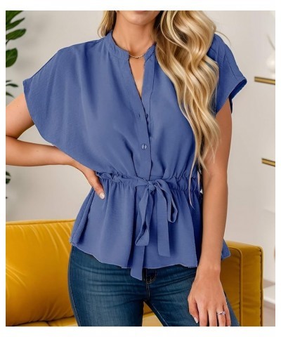 Women's Button Down Peplum V Neck Tops Casual Work Blouse Tops Blue $11.25 Blouses