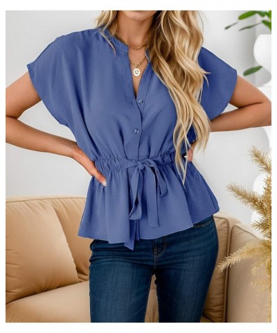 Women's Button Down Peplum V Neck Tops Casual Work Blouse Tops Blue $11.25 Blouses