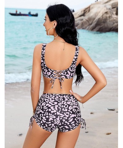 Twist Front Lace Up Two Piece Swimsuit for Women High Waisted Bikini Bathing Suits with Shorts Camouflage Leopard Leopard Pri...