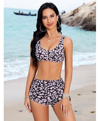 Twist Front Lace Up Two Piece Swimsuit for Women High Waisted Bikini Bathing Suits with Shorts Camouflage Leopard Leopard Pri...