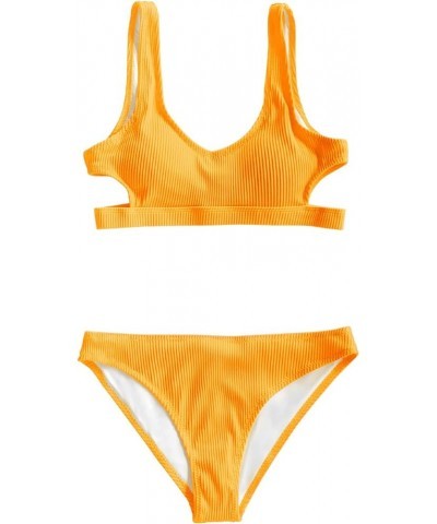 Women Swimsuit Bikini Set Two Piece Ribbed Texture Side Cutout Tank Top Mid Rise Bathing Suit Yellow $18.24 Swimsuits