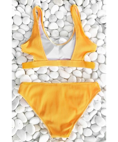 Women Swimsuit Bikini Set Two Piece Ribbed Texture Side Cutout Tank Top Mid Rise Bathing Suit Yellow $18.24 Swimsuits