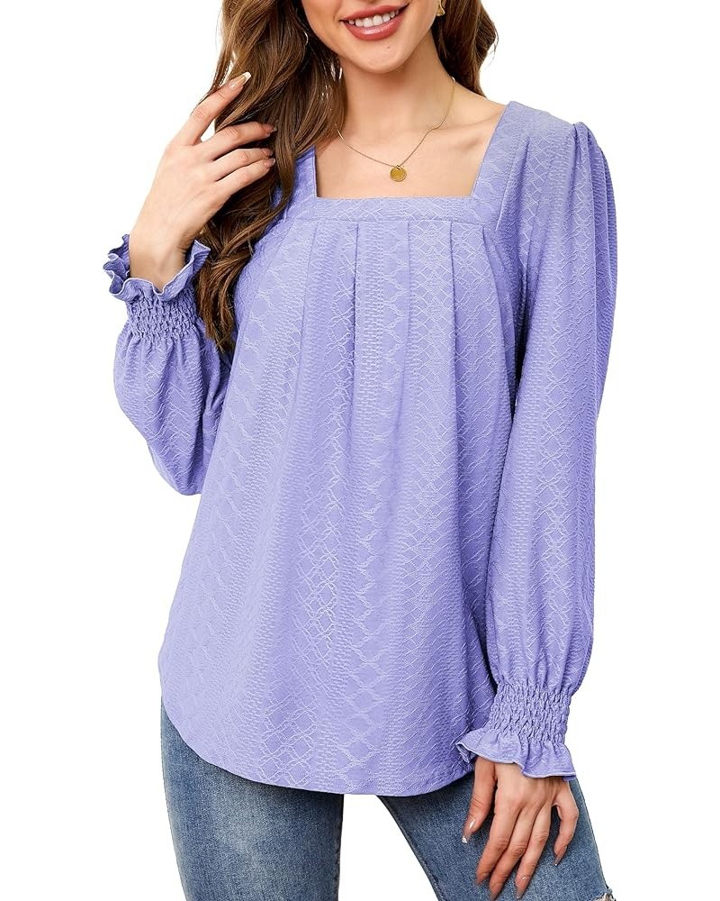 Womens Long Sleeve Shirts Dressy Casual Blouse Cute Pleated Going Out Tops Square Neck Tunic Purple $17.99 Tops