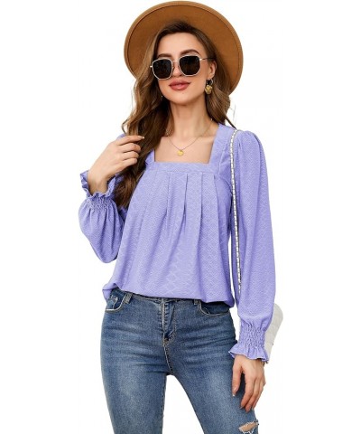 Womens Long Sleeve Shirts Dressy Casual Blouse Cute Pleated Going Out Tops Square Neck Tunic Purple $17.99 Tops