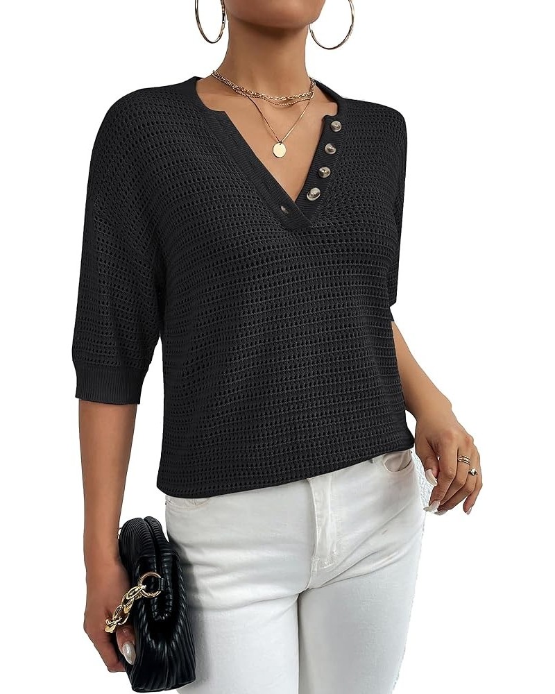 Women's Summer Short Sleeve Sweater Hollow Out V-Neck Lightweight Knit Pullover Black $10.25 Sweaters