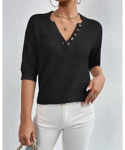 Women's Summer Short Sleeve Sweater Hollow Out V-Neck Lightweight Knit Pullover Black $10.25 Sweaters