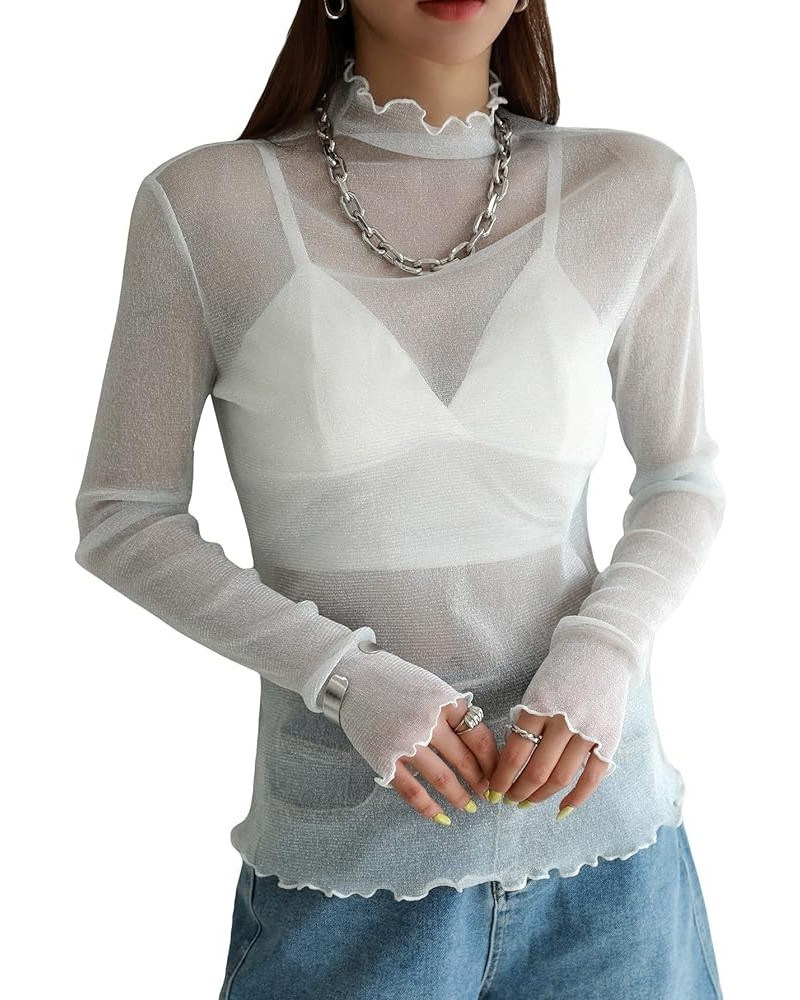Women's Casual Solid High Neck Sheer Mesh Long Sleeve Tee Shirt Top Pale Grey $11.61 T-Shirts