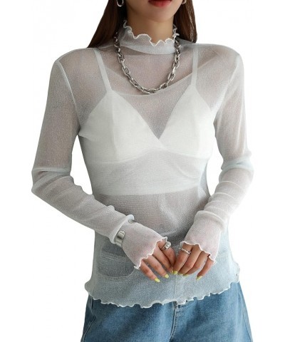 Women's Casual Solid High Neck Sheer Mesh Long Sleeve Tee Shirt Top Pale Grey $11.61 T-Shirts