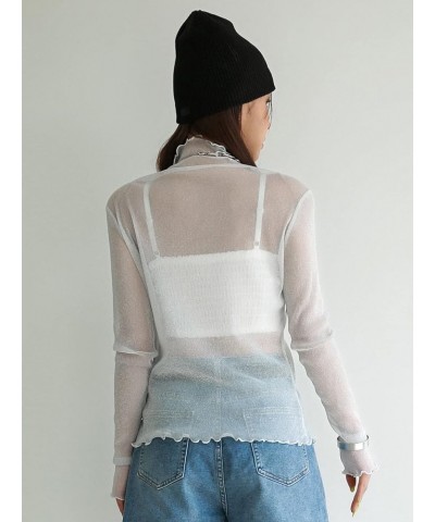 Women's Casual Solid High Neck Sheer Mesh Long Sleeve Tee Shirt Top Pale Grey $11.61 T-Shirts