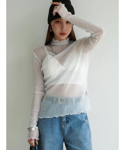 Women's Casual Solid High Neck Sheer Mesh Long Sleeve Tee Shirt Top Pale Grey $11.61 T-Shirts