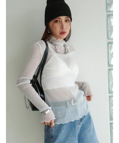 Women's Casual Solid High Neck Sheer Mesh Long Sleeve Tee Shirt Top Pale Grey $11.61 T-Shirts