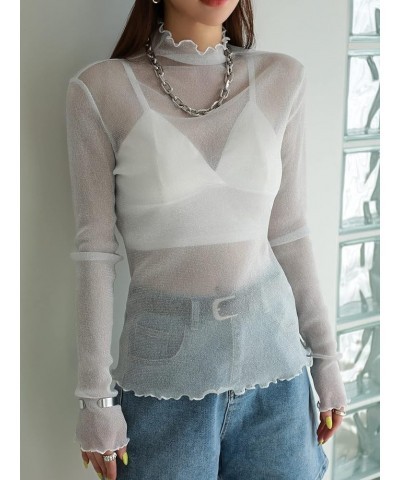 Women's Casual Solid High Neck Sheer Mesh Long Sleeve Tee Shirt Top Pale Grey $11.61 T-Shirts