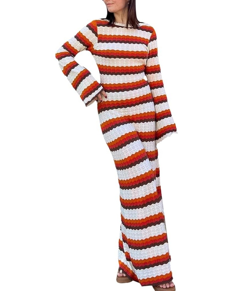 Women Sexy Long Sleeve Knitted Maxi Dress Textured Slim Fitted Knit Long Dress Elegant Bodycon Crochet Dress M Stripe $14.21 ...