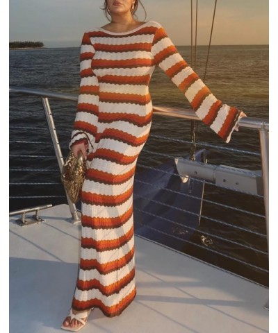 Women Sexy Long Sleeve Knitted Maxi Dress Textured Slim Fitted Knit Long Dress Elegant Bodycon Crochet Dress M Stripe $14.21 ...