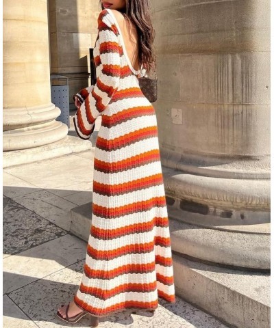 Women Sexy Long Sleeve Knitted Maxi Dress Textured Slim Fitted Knit Long Dress Elegant Bodycon Crochet Dress M Stripe $14.21 ...