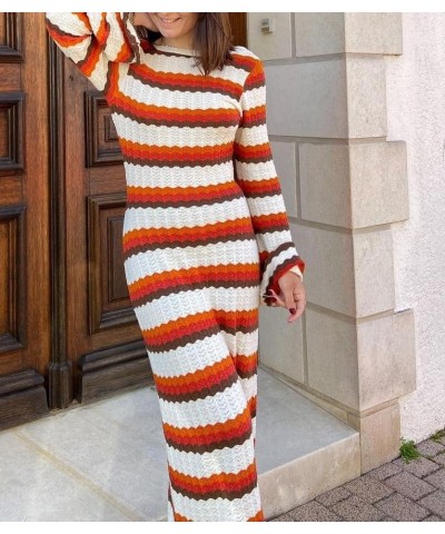 Women Sexy Long Sleeve Knitted Maxi Dress Textured Slim Fitted Knit Long Dress Elegant Bodycon Crochet Dress M Stripe $14.21 ...