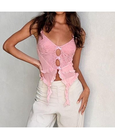 Women Sexy V Neck Cami Top Y2k Sleeveless Spaghetti Strap Lace Crop Camisole Slim Fit Floral Going Out Tank Top 09 hollow Out...