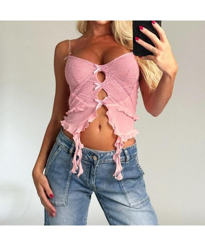 Women Sexy V Neck Cami Top Y2k Sleeveless Spaghetti Strap Lace Crop Camisole Slim Fit Floral Going Out Tank Top 09 hollow Out...