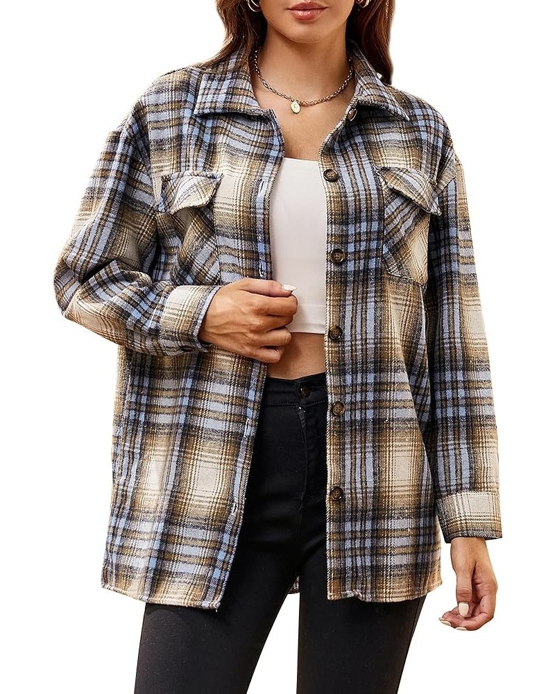 Womens Flannel Shirt Regular Long Sleeve Button Down Flannel Shirts for Women Thick Blue/Khaki $14.70 Blouses