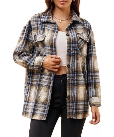 Womens Flannel Shirt Regular Long Sleeve Button Down Flannel Shirts for Women Thick Blue/Khaki $14.70 Blouses