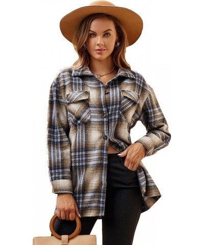 Womens Flannel Shirt Regular Long Sleeve Button Down Flannel Shirts for Women Thick Blue/Khaki $14.70 Blouses