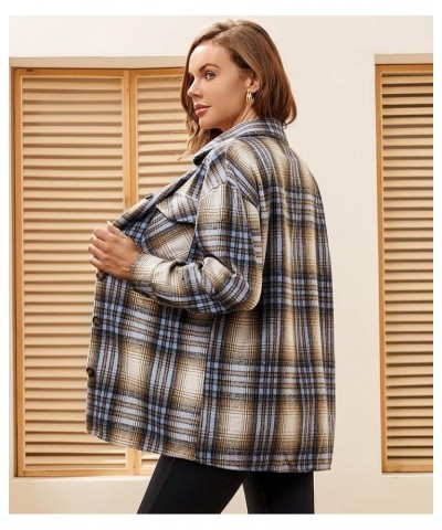 Womens Flannel Shirt Regular Long Sleeve Button Down Flannel Shirts for Women Thick Blue/Khaki $14.70 Blouses