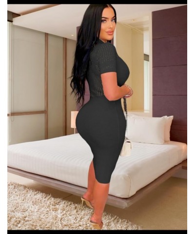 Women's Fashion Sexy Elegant Comfortable Fit Vital V-Neck Knitted Short Sleeve Dress Black $24.63 Dresses