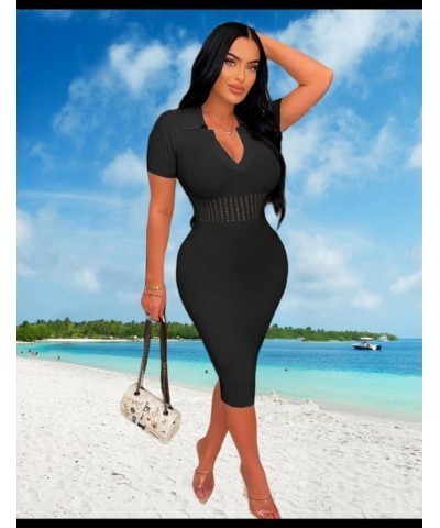 Women's Fashion Sexy Elegant Comfortable Fit Vital V-Neck Knitted Short Sleeve Dress Black $24.63 Dresses