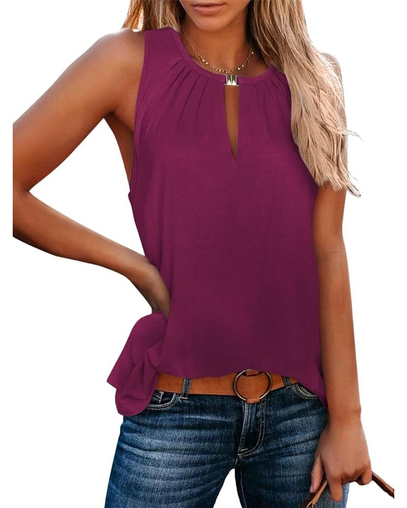 Womens Crewneck Keyhole Tank Tops Sexy Summer Sleeveless Tops Casual Loose Fit Shirts 2024 B Burgundy No Seam Front $14.74 Tanks