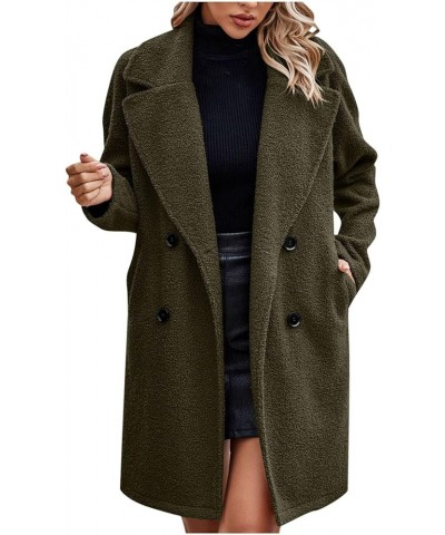 Women Teedy Coats Polar Fleece Lapel Notched Collar Open Front Cardigan Shaggy Double Breasted Pockets Trench Coat Army Green...